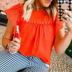 J. Crew Orange Flutter Sleeve Ruffled Pom-Pom Blouse - Size “Like Medium”